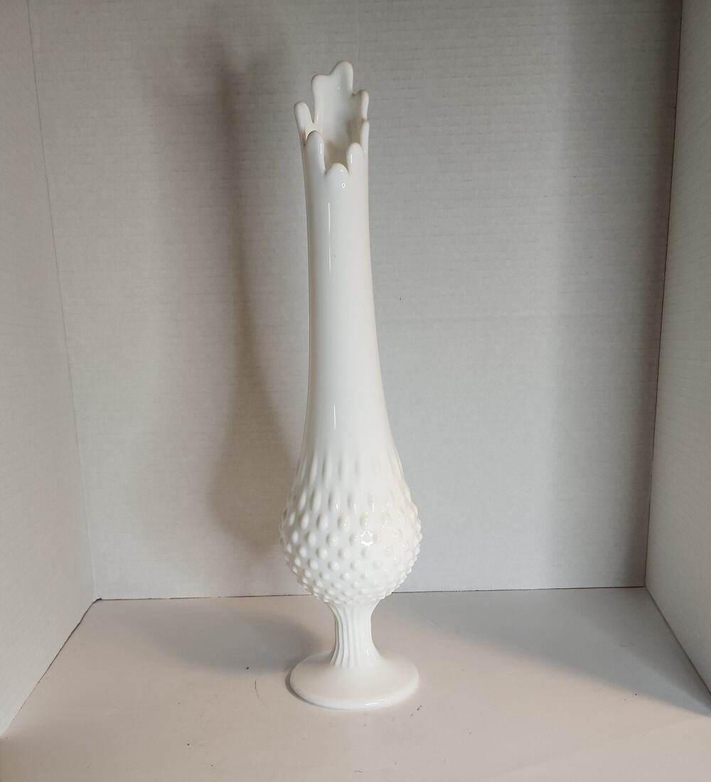 Vtg Fenton 14" Swung Vase Hobnail Milk Glass Footed MCM Mid Century